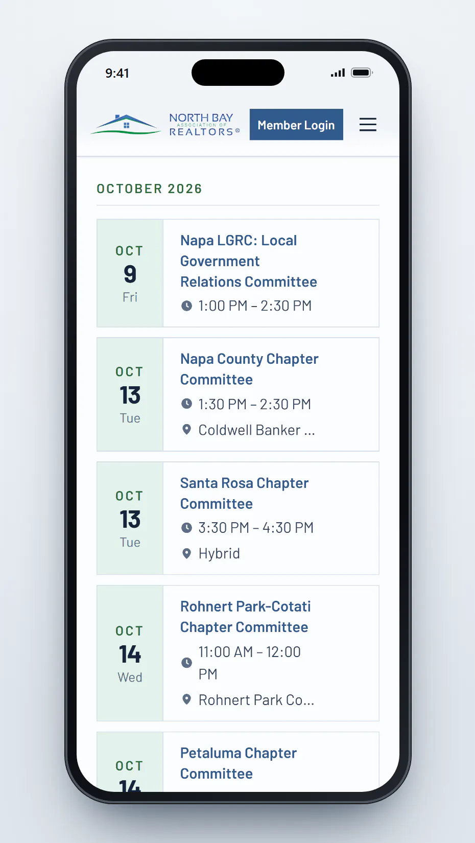 The Calendar page on a phone under the heading October 2026, listing the Napa LGRC Local Government Relations Committee on October 9, the Napa County Chapter Committee and the Santa Rosa Chapter Committee on October 13, and the Rohnert Park-Cotati Chapter Committee on October 14, each with its time and location.