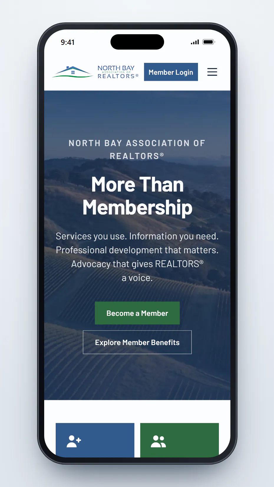 The northbayrealtors.org homepage on a phone, with the logo, a Member Login button and a menu icon at the top, and the headline More Than Membership over a blue-tinted photo of hills, followed by Become a Member and Explore Member Benefits buttons.