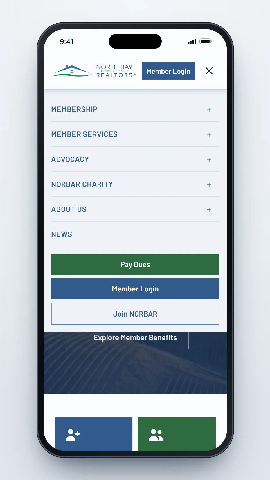 The mobile menu open on a phone, listing Membership, Member Services, Advocacy, NORBAR Charity, About Us and News, each with an expand control, above a green Pay Dues button, a blue Member Login button and an outlined Join NORBAR button.