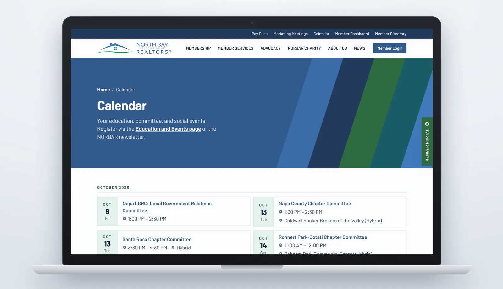 The Calendar page on a laptop: the heading Calendar on a blue band with diagonal blue and green stripes, the line Your education, committee, and social events, and below it the October 2026 list in two columns, including the Napa LGRC Local Government Relations Committee, the Napa County Chapter Committee at Coldwell Banker Brokers of the Valley, the Santa Rosa Chapter Committee and the Rohnert Park-Cotati Chapter Committee, each with its time and location.