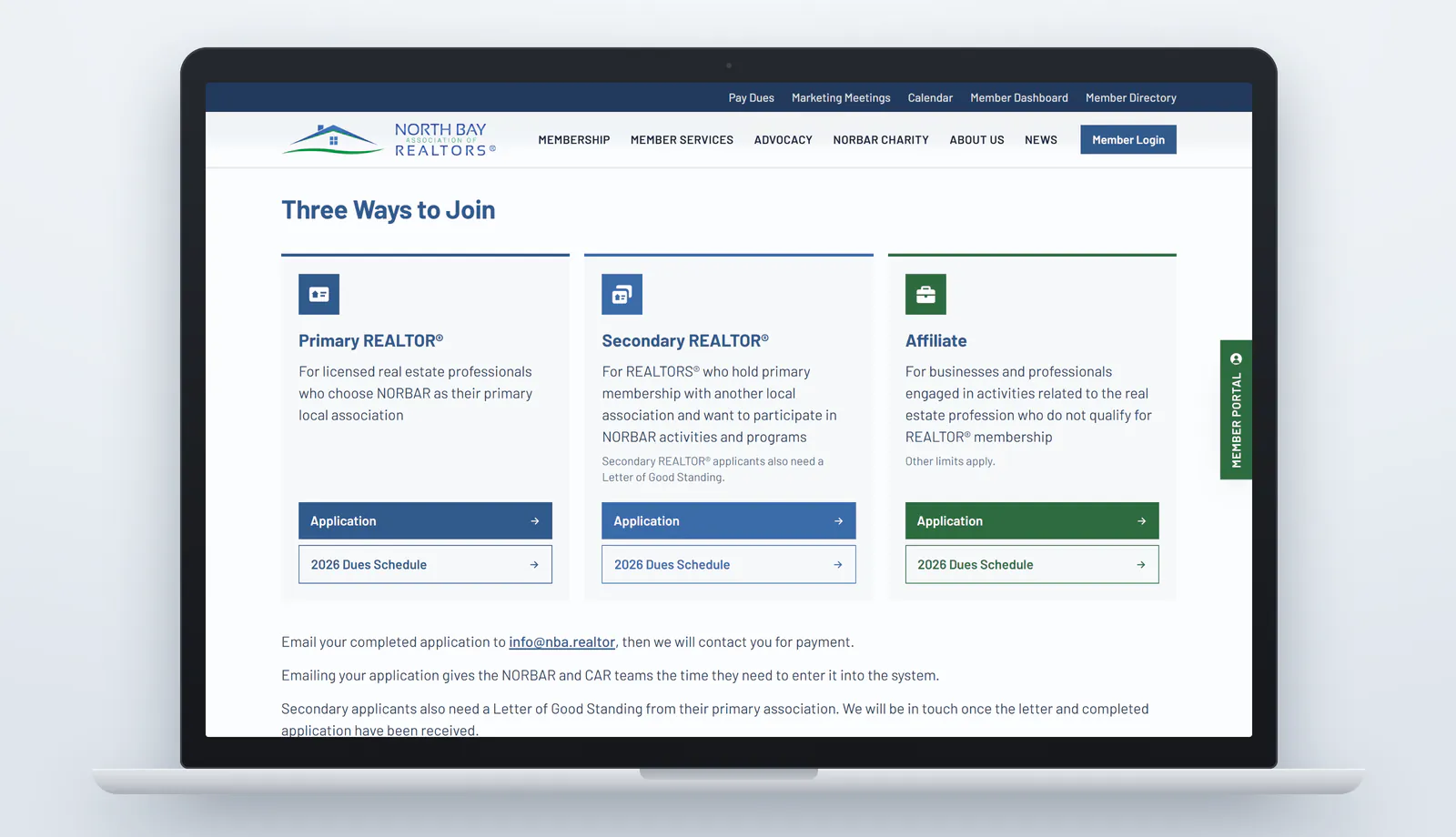 The Join NORBAR page on a laptop, with the heading Three Ways to Join above three cards for Primary REALTOR®, Secondary REALTOR® and Affiliate membership, each with a short description, a blue or green Application button and a 2026 Dues Schedule button, followed by instructions to email the completed application to info@nba.realtor.