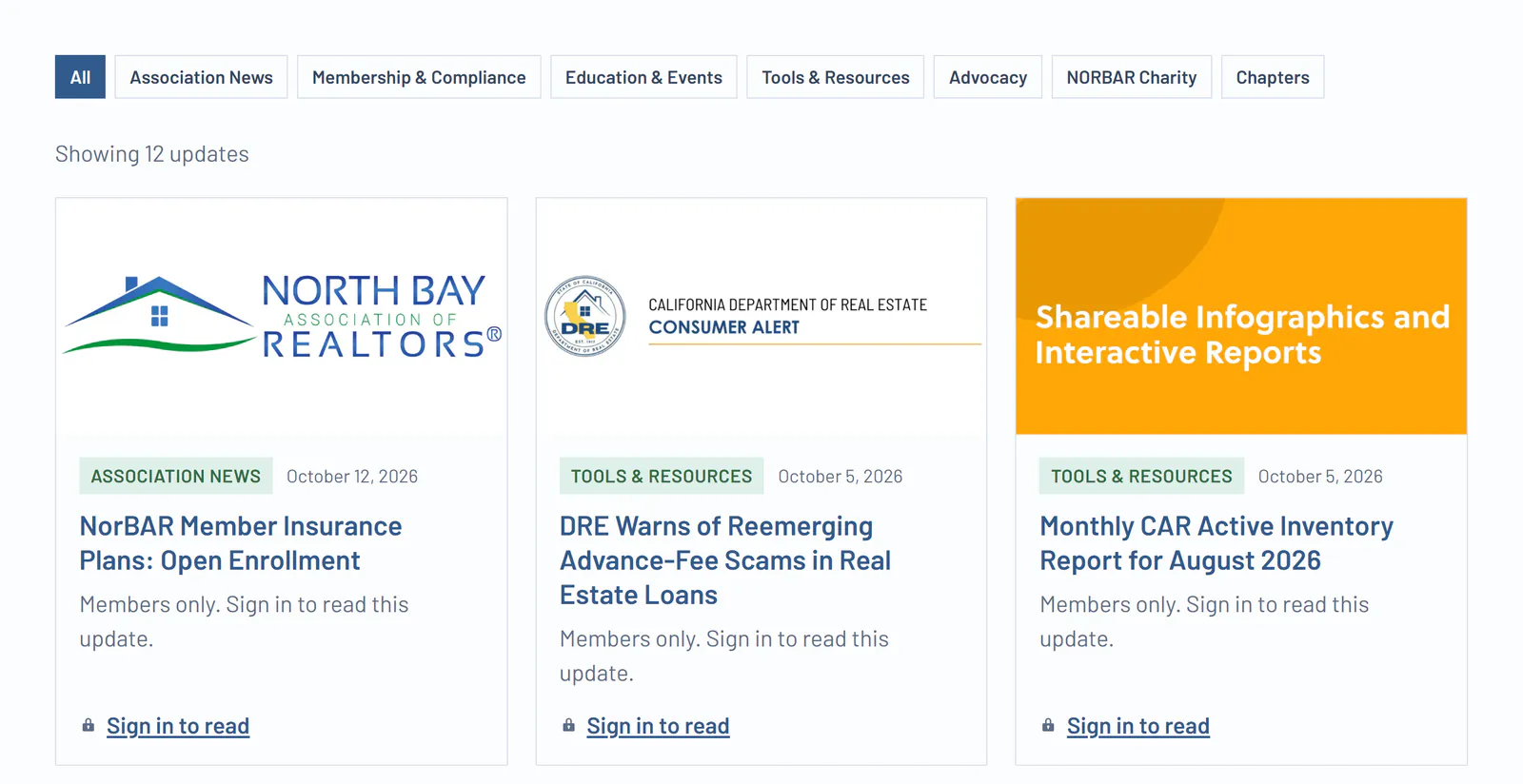 The News & Updates feed: filter buttons for All, Association News, Membership & Compliance, Education & Events, Tools & Resources, Advocacy, NORBAR Charity and Chapters, a note reading Showing 12 updates, and three post cards, each with an image, a section tag, a date, a title, the line Members only. Sign in to read this update, and a Sign in to read link with a lock icon.