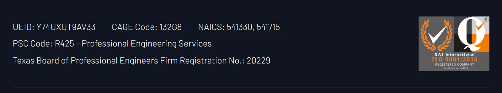 The credentials strip at the top of Numeric's footer: UEID Y74UXUT9AV33, CAGE Code 132G6, NAICS 541330 and 541715, PSC Code R425 Professional Engineering Services, Texas Board of Professional Engineers Firm Registration No. 20229, and a QAS International ISO 9001:2015 Registered Company mark.
