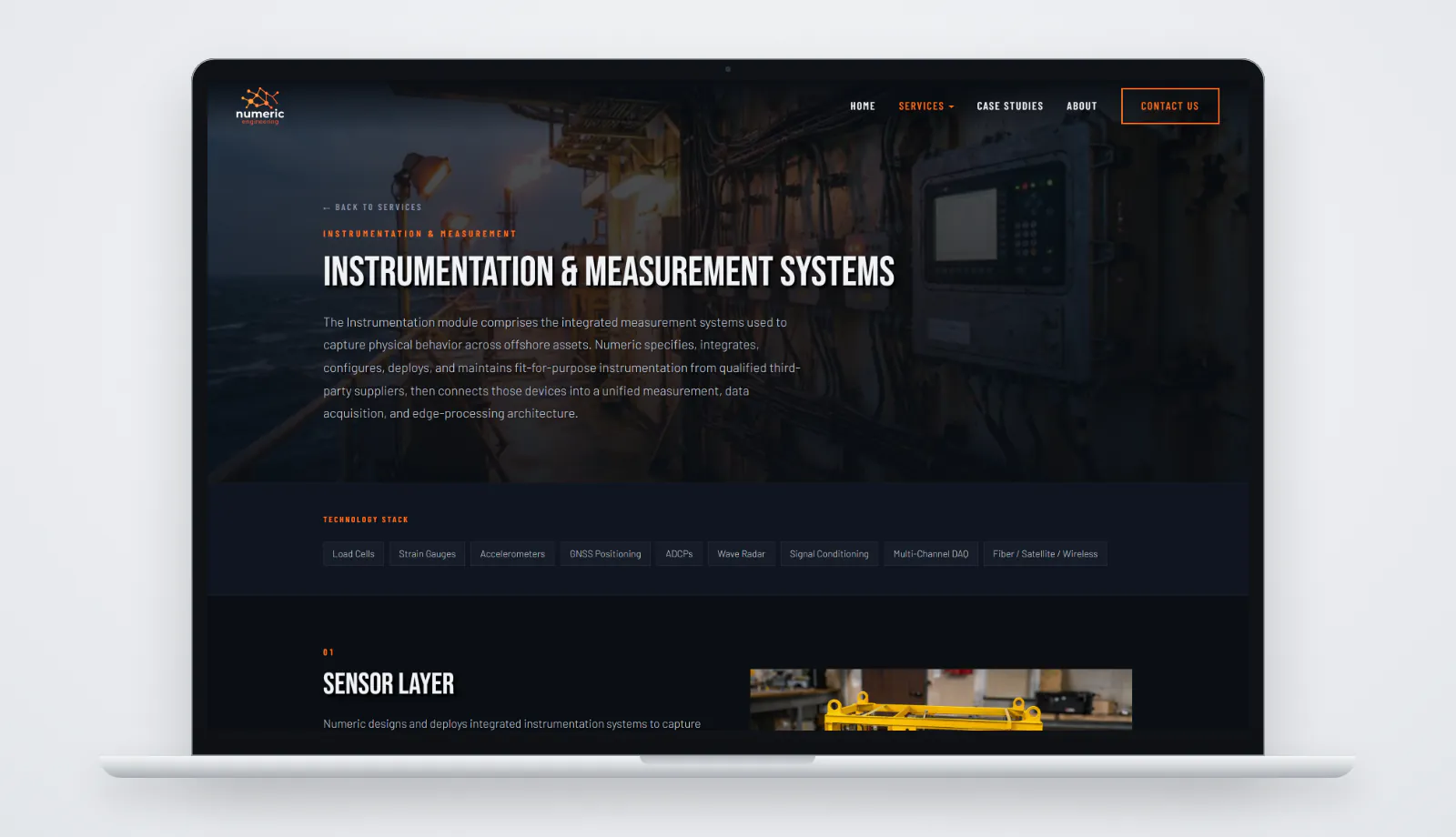 The Instrumentation & Measurement Systems service page on a laptop: a Back to Services link, the page title over a dim image of offshore equipment, an introduction describing the Instrumentation module, and a Technology Stack strip listing Load Cells, Strain Gauges, Accelerometers, GNSS Positioning, ADCPs, Wave Radar, Signal Conditioning, Multi-Channel DAQ and Fiber / Satellite / Wireless, above the first numbered section, Sensor Layer.