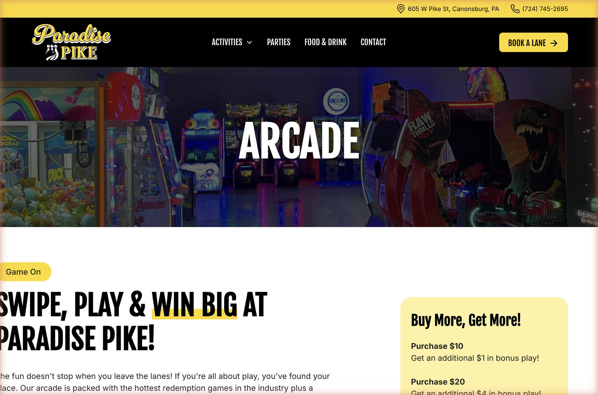 Paradise Pike arcade page with neon game machines and persistent Book A Lane navigation button
