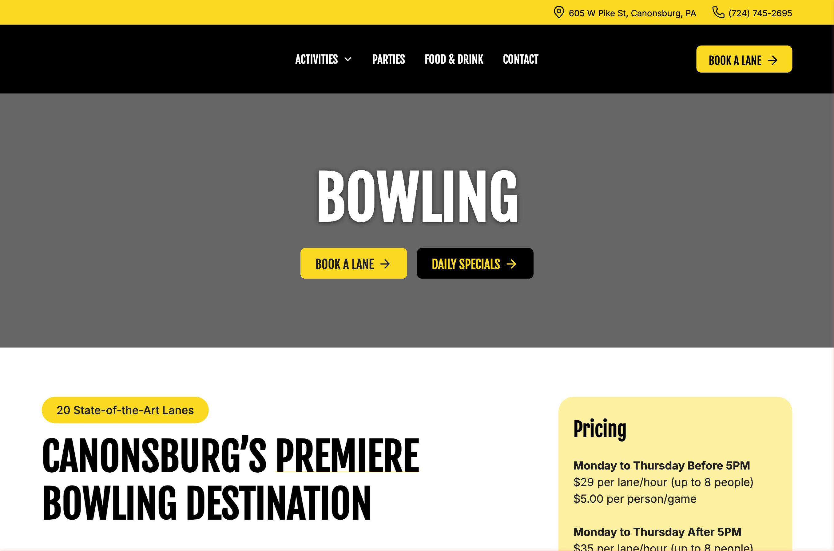 Paradise Pike bowling page with lane pricing card and 20 State-of-the-Art Lanes badge