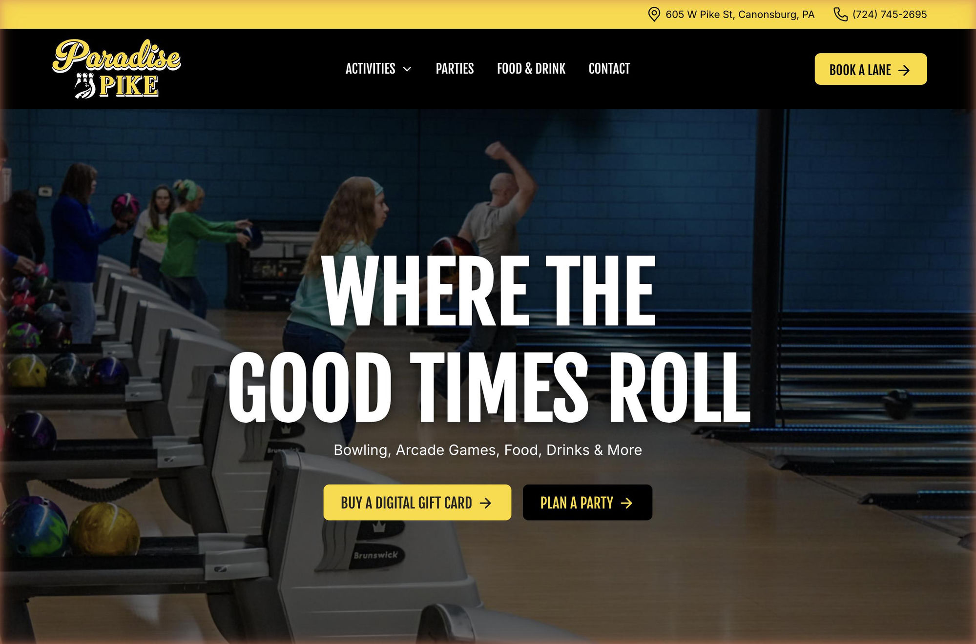 Paradise Pike homepage showing bowling lanes, navigation, and Where the Good Times Roll headline