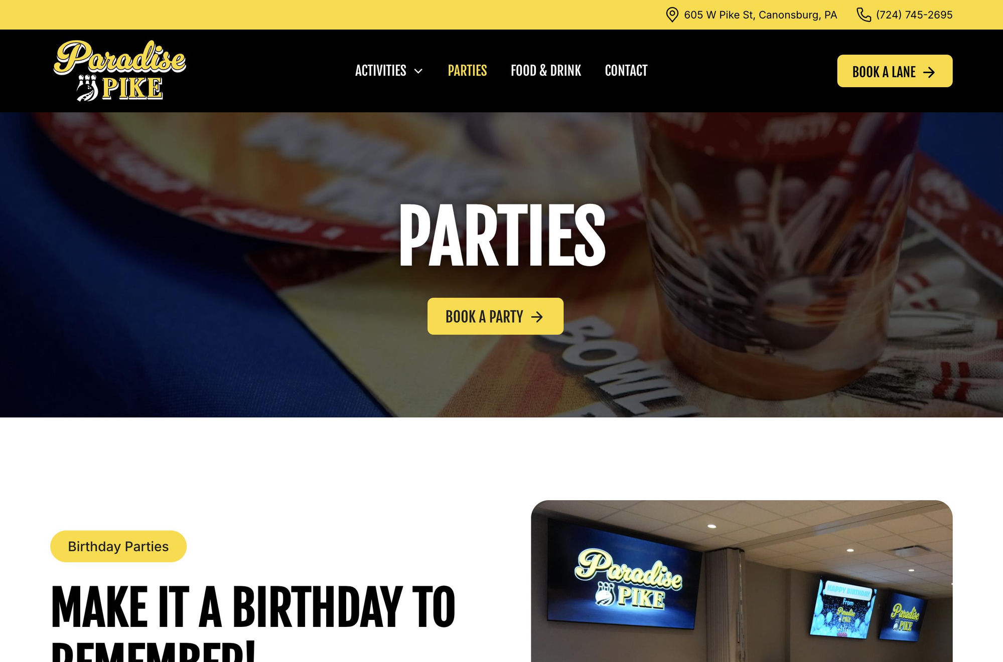 Paradise Pike party packages page showing birthday party section and Book A Party button