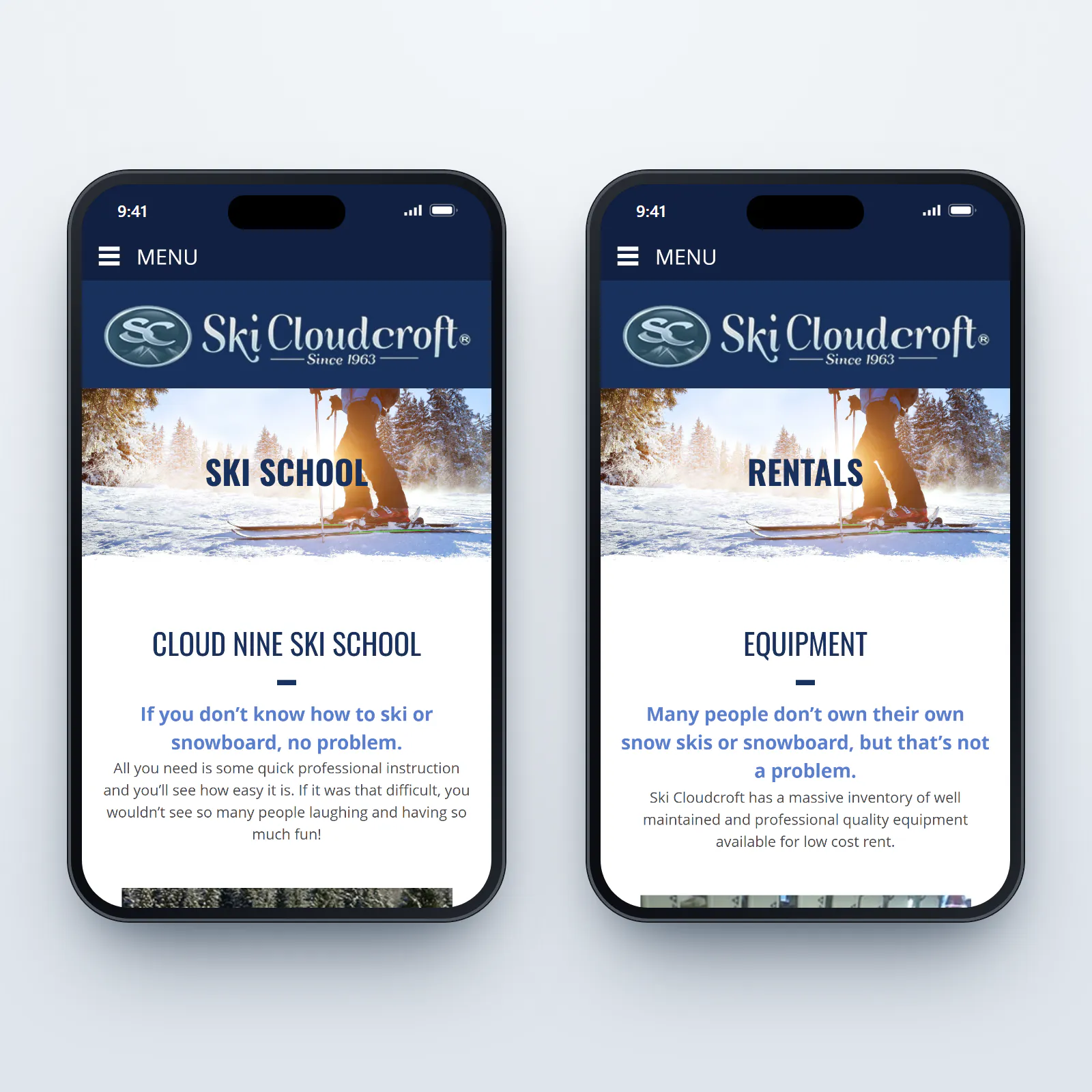 The new Ski Cloudcroft website on two phones: on the left, the Ski School page with the Cloud Nine Ski School heading and an introduction for first-time skiers and snowboarders; on the right, the Rentals page with an Equipment heading and a description of the rental inventory.