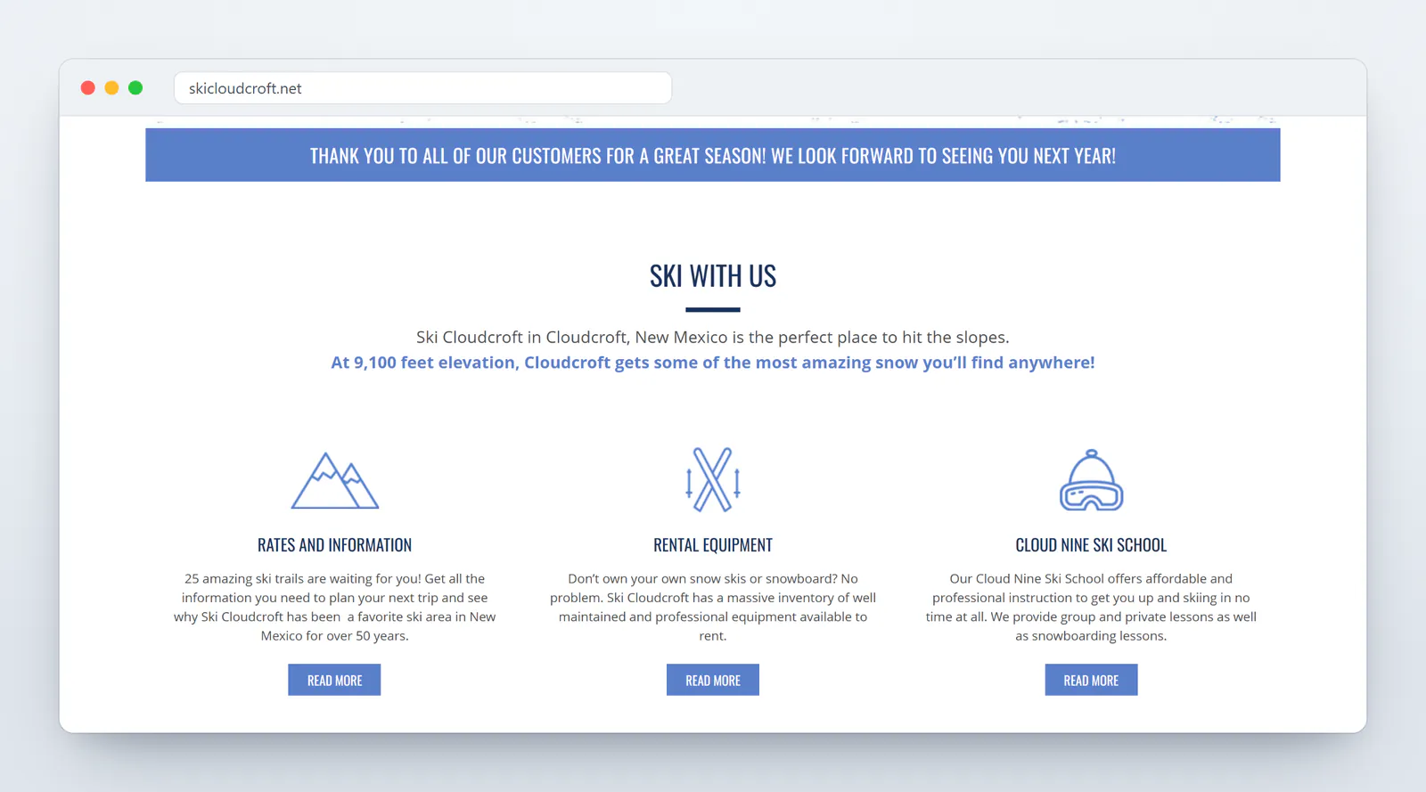 The Ski With Us section of the Ski Cloudcroft homepage in a browser: a blue banner thanking customers for a great season, the line At 9,100 feet elevation, Cloudcroft gets some of the most amazing snow you'll find anywhere, and three cards with line icons for Rates and Information, Rental Equipment, and Cloud Nine Ski School, each with a Read More button.