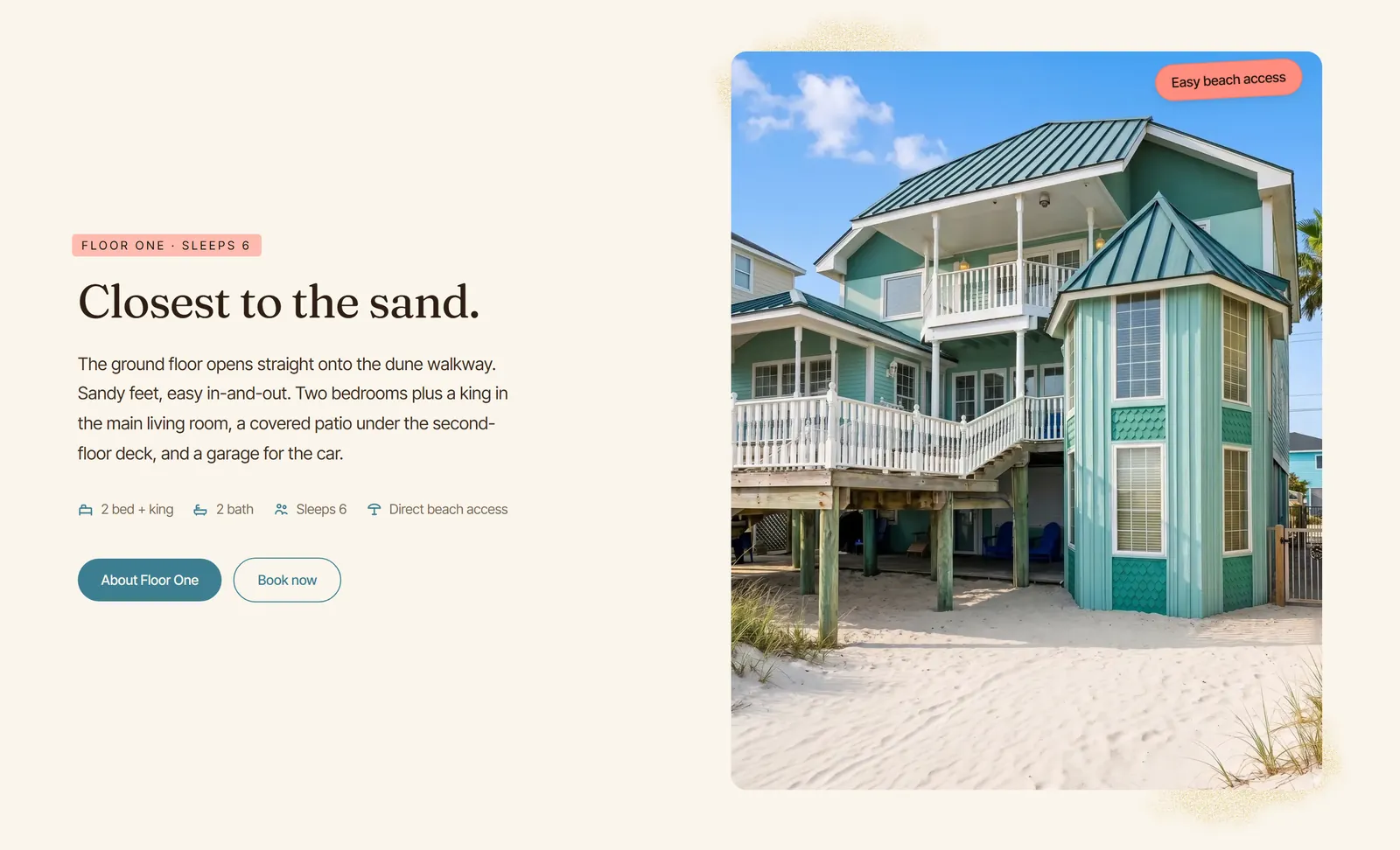 Floor One's block on the Texas Beach House homepage: a Floor One · Sleeps 6 tag, the headline Closest to the sand., a short description of the ground-floor condo, icons for 2 bed + king, 2 bath, Sleeps 6 and Direct beach access, About Floor One and Book now buttons, and a photo of the teal house with white railings on the sand, tagged Easy beach access.