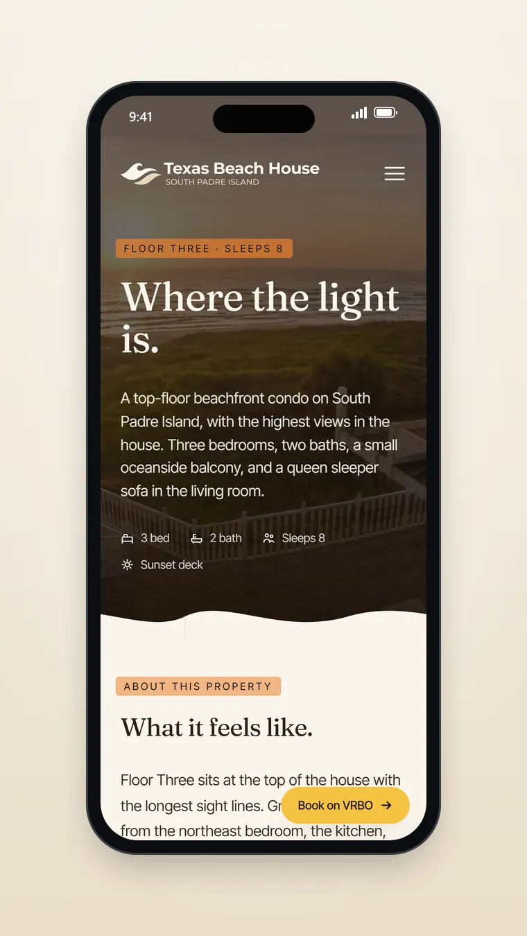 The Floor Three page on a phone: a Floor Three · Sleeps 8 tag and the headline Where the light is. over a sunset view from the top of the house, a summary of the three bedrooms, two baths, balcony and sleeper sofa, and a yellow Book on VRBO button floating at the bottom of the screen.