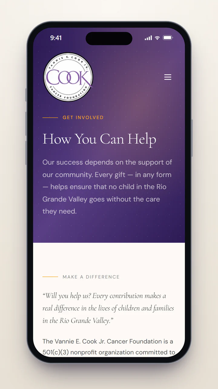 The How You Can Help page on a phone, with the heading How You Can Help on deep purple, the line Our success depends on the support of our community, and a Make a Difference section that opens with the question Will you help us?