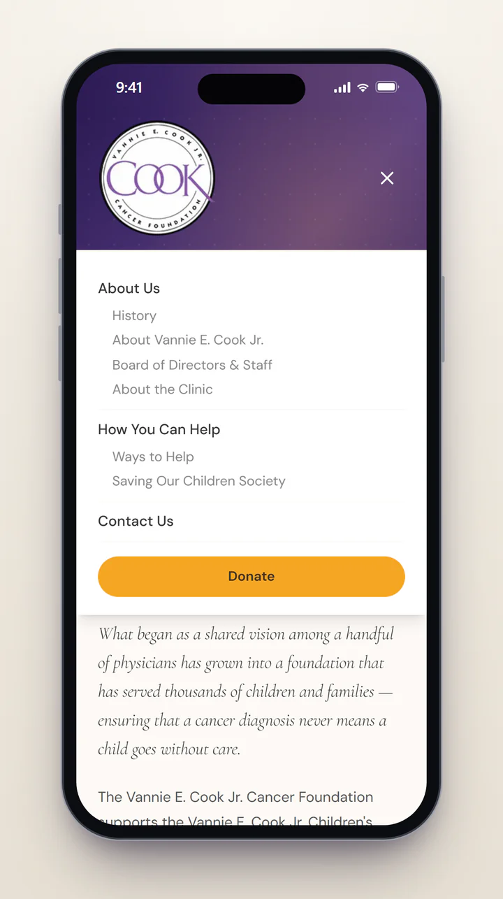 The vanniecook.org menu open on a phone, listing About Us with History, About Vannie E. Cook Jr., Board of Directors & Staff and About the Clinic, How You Can Help with Ways to Help and Saving Our Children Society, Contact Us, and a full-width gold Donate button.