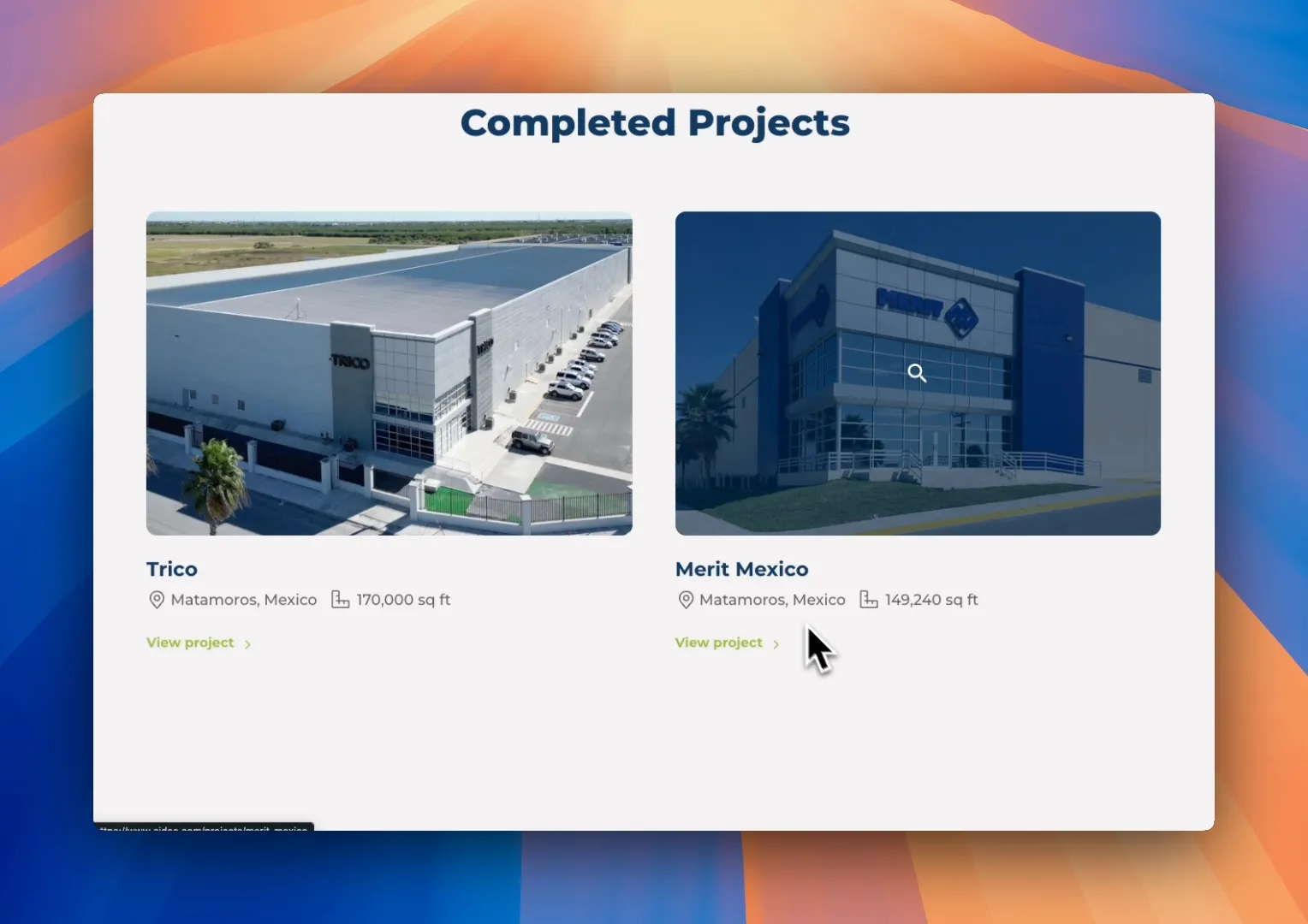 Projects section showcasing industrial facilities