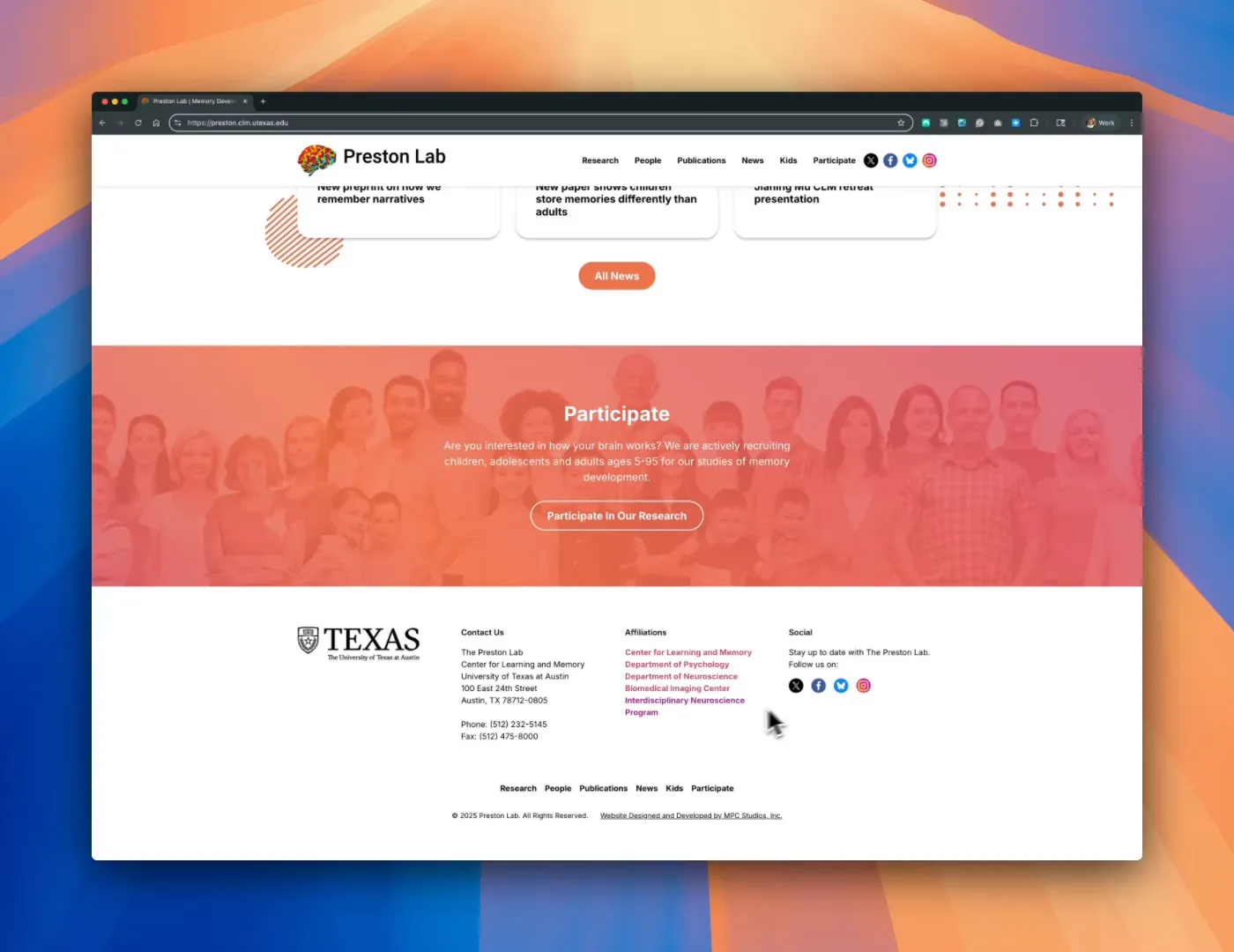 Footer showing UT affiliations and social links