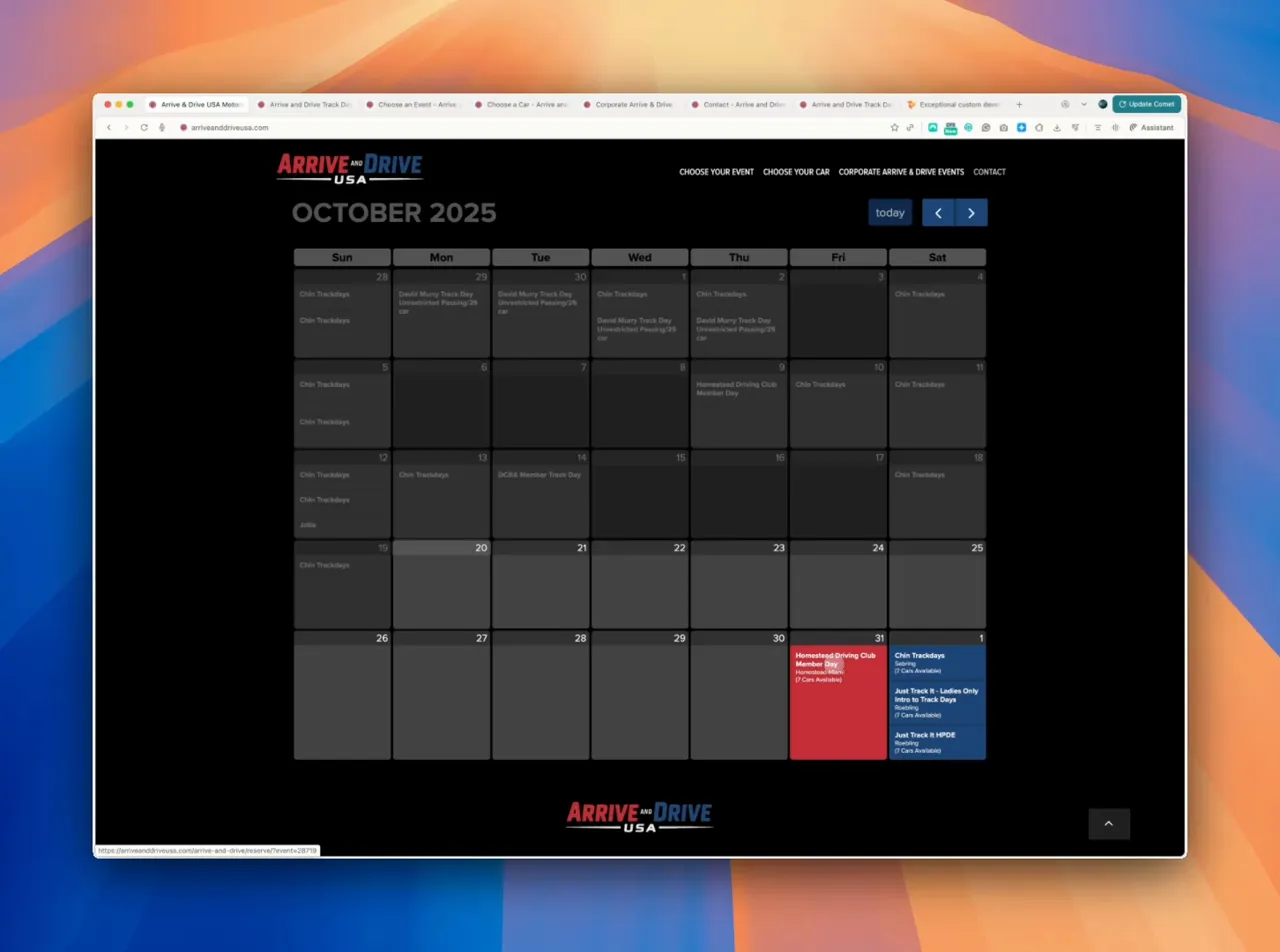 Event calendar and track selection interface showing dates and tracks