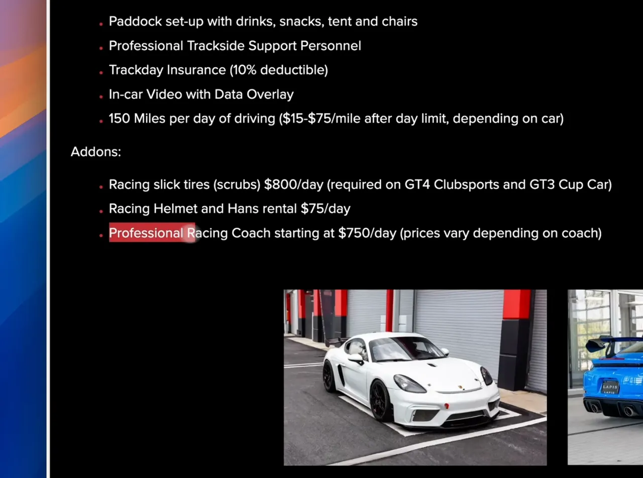 Options and add-ons: slicks, helmet rental, coaching, transport notes