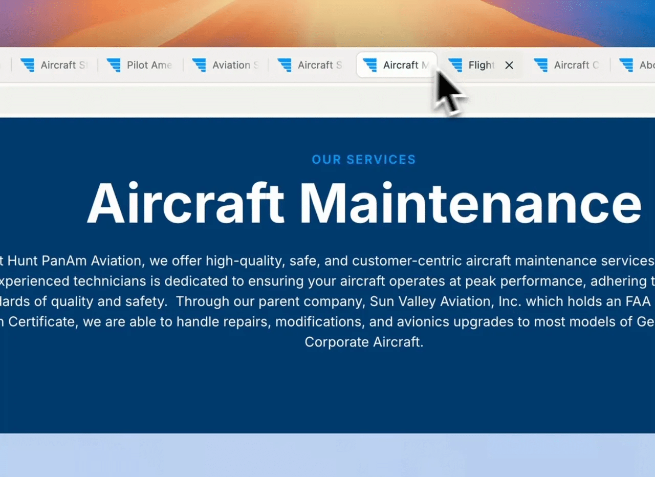 Aircraft maintenance page showing real hangar photos and clear copy
