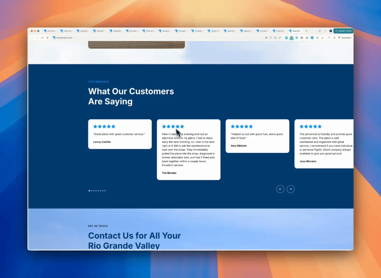 Testimonial section with customer quotes and brand accents