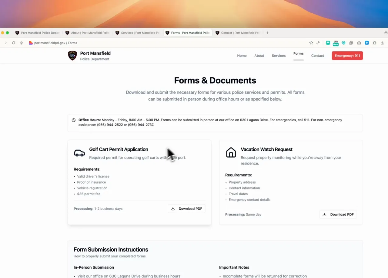 Forms area with vacation watch and permit PDF links