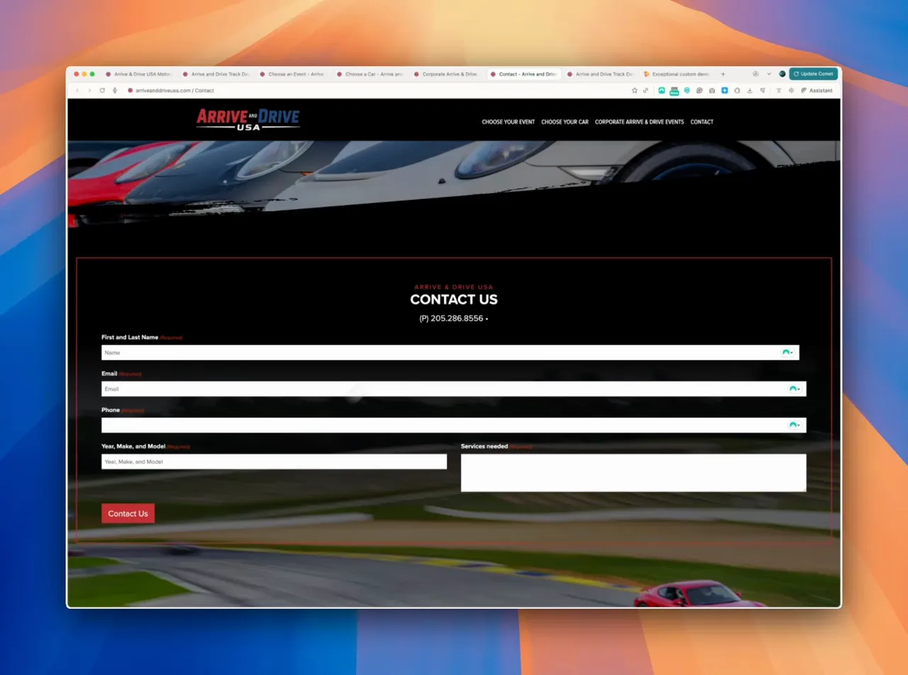 Contact page showing phone, email, physical address and inquiry form