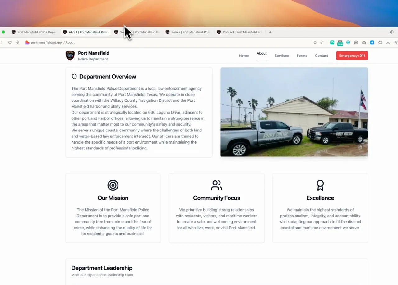 About page showing department overview and leadership context