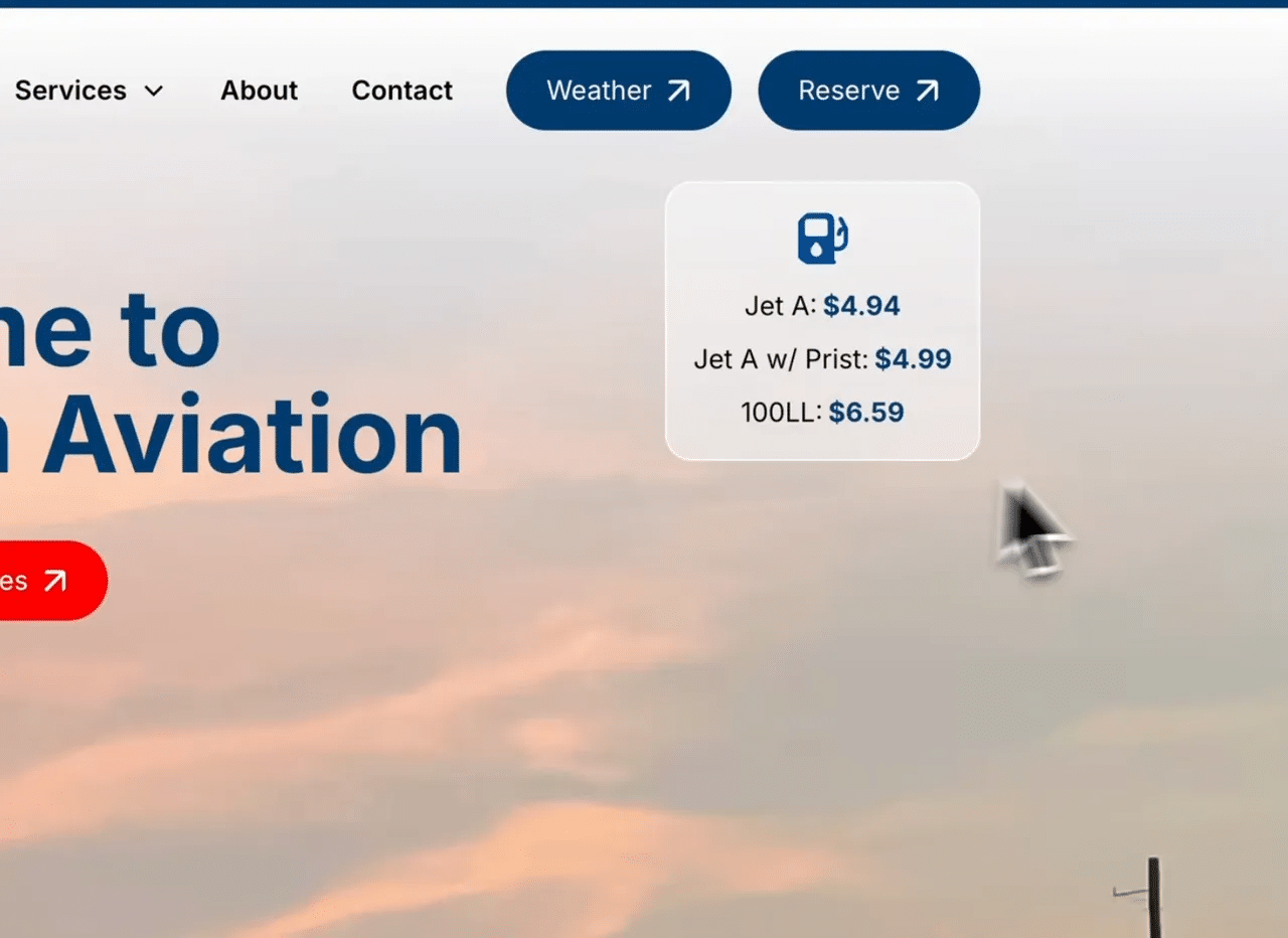 Live fuel pricing strip showing Jet A, Jet A with Prist, and 100LL