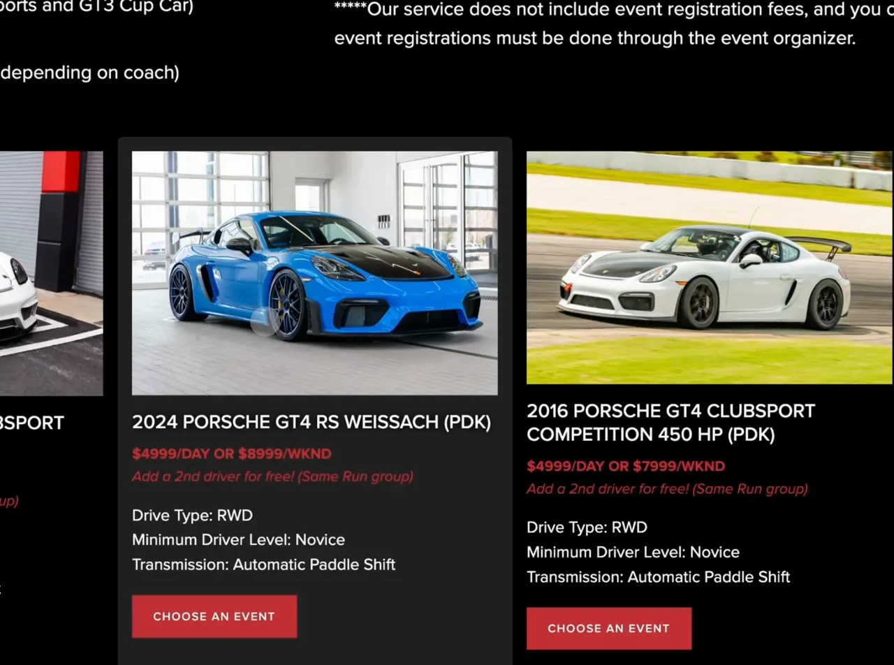 Fleet lineup showing Porsche GT4 Club Sport and other cars